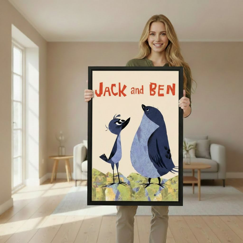 Woman holding large framed Jack and Ben bird art print – whimsical wall art gift idea for home