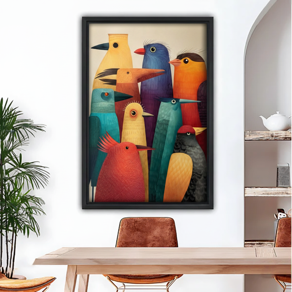Bold folk art colorful birds framed wall art print displayed above dining table in modern eclectic home interior