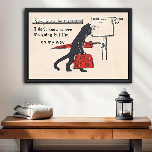 Funny black cat quote framed canvas wall art – vintage whimsical print above entryway table