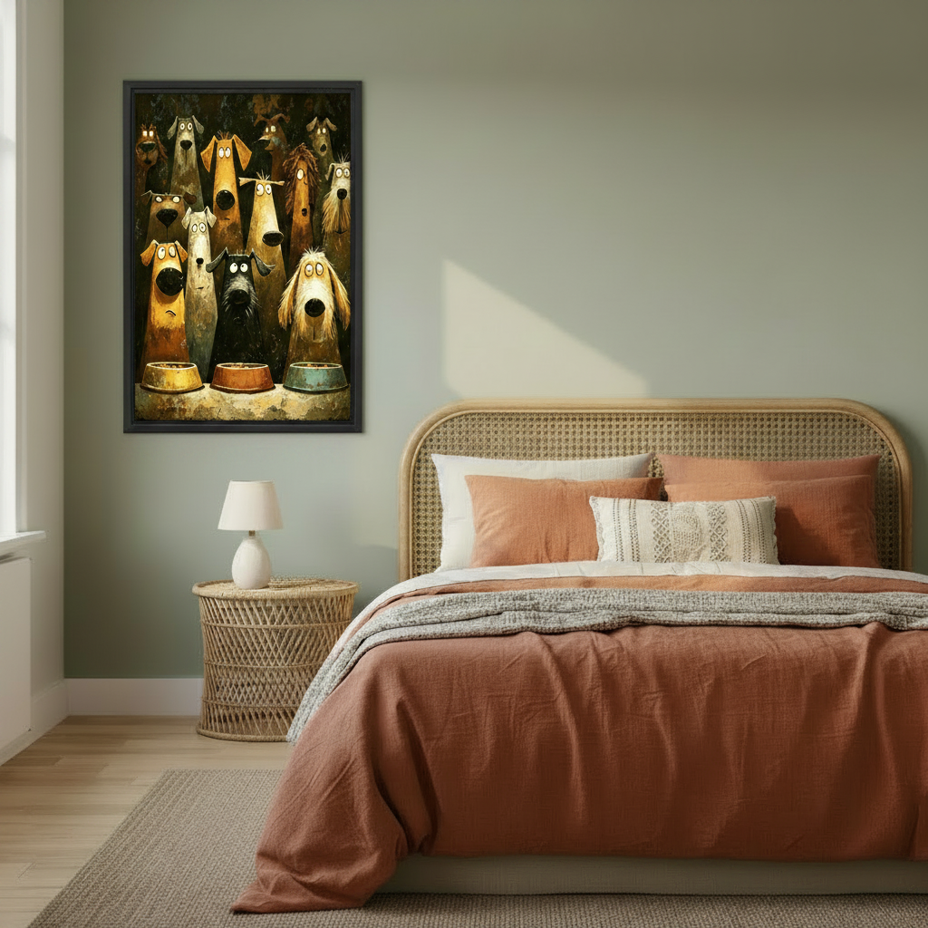 Funny cartoon dogs waiting food oil painting framed canvas wall art beside rattan bed on sage green wall, twelve big-eyed dogs staring at three bowls