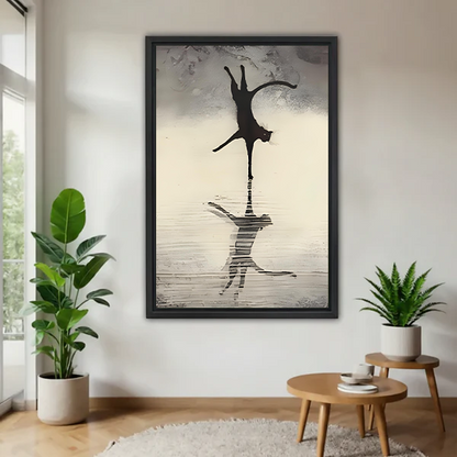 Black framed cat reflection wall art print hanging in a bright living room with indoor plants, minimalist ink animal decor