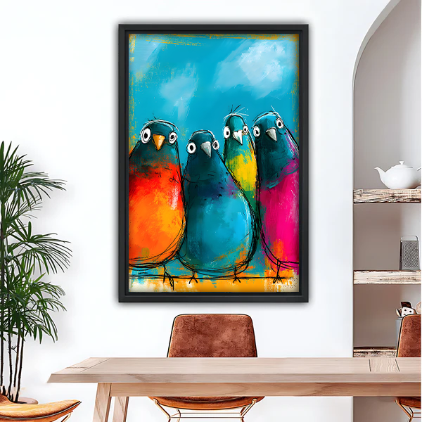 Four colorful chubby birds squad expressive oil painting framed canvas wall art in black frame above wooden dining table with leather chairs and arched wall