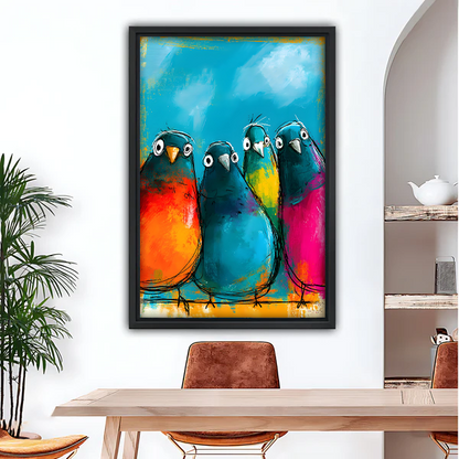 Four colorful chubby birds squad expressive oil painting framed canvas wall art in black frame above wooden dining table with leather chairs and arched wall