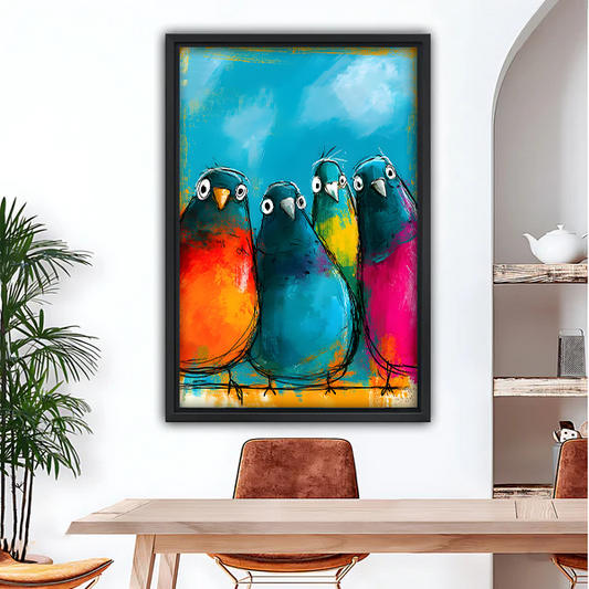 Four colorful chubby birds squad expressive oil painting framed canvas wall art in black frame above wooden dining table with leather chairs and arched wall