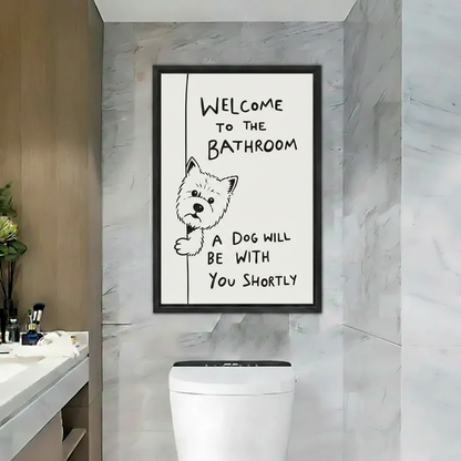 Framed Westie dog bathroom quote canvas wall art, funny "Welcome to the Bathroom" print above toilet in marble bathroom