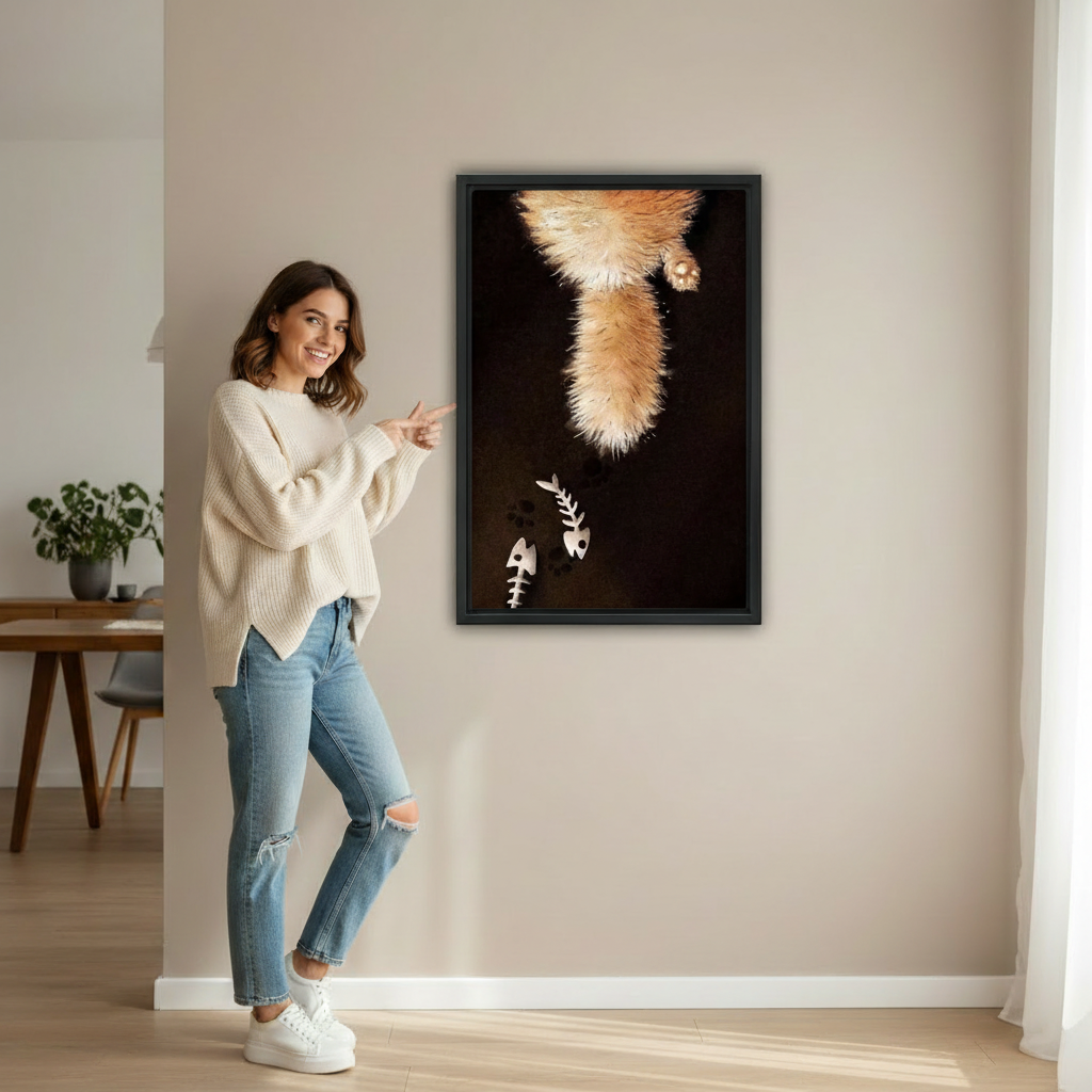 Cat lover wall art in black frame displayed in modern dining room with rattan chairs