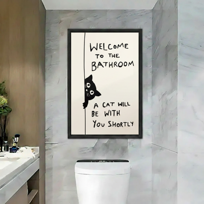 Funny cat bathroom quote framed canvas print hanging above toilet on marble wall - Welcome to the Bathroom black cat art