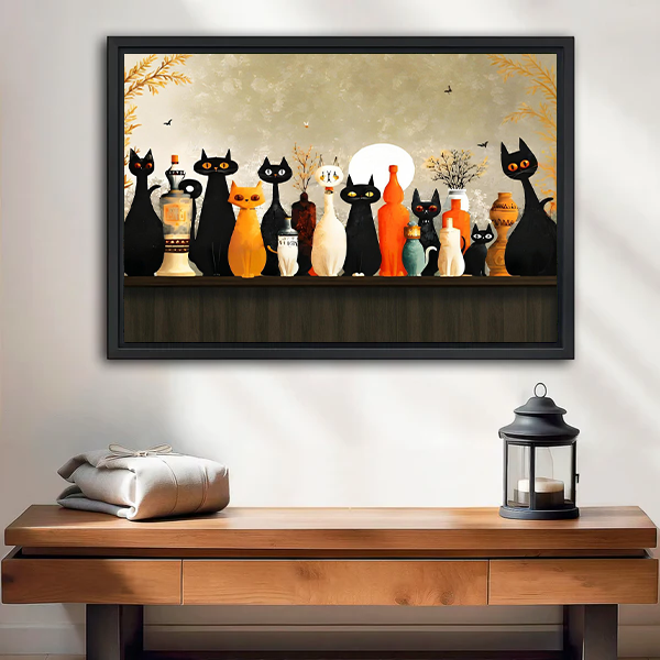 Unframed moonlit cats canvas wall art showing cats and colorful bottles above a wooden console beside a black lantern.