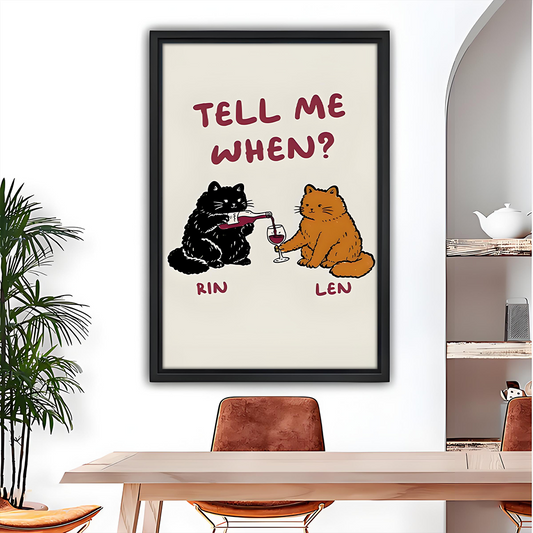Funny cat wine pouring wall art print framed in dining room