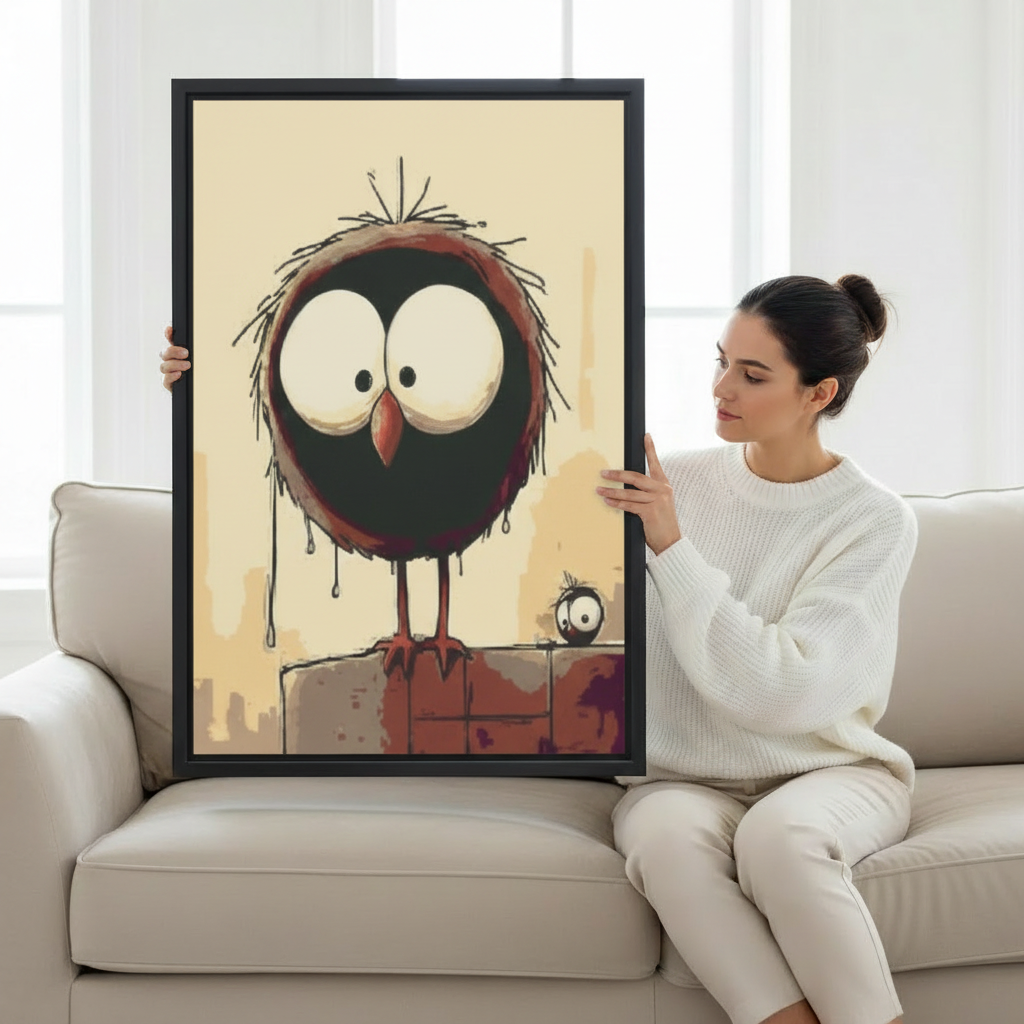 Cute cartoon bird framed wall art – charming whimsical animal print for home decor