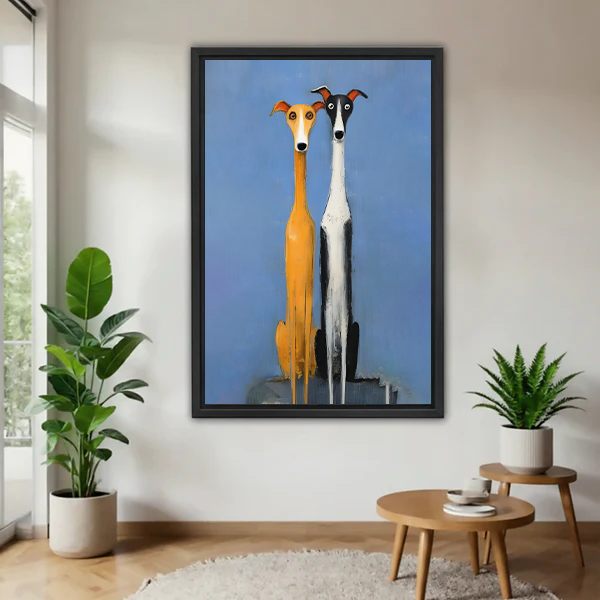 Whimsical greyhound duo framed wall art print displayed in modern living room