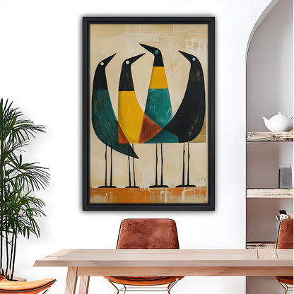 Mid-Century Modern Geometric Birds Quartet Black Framed Wall Art Print Dining Room Decor