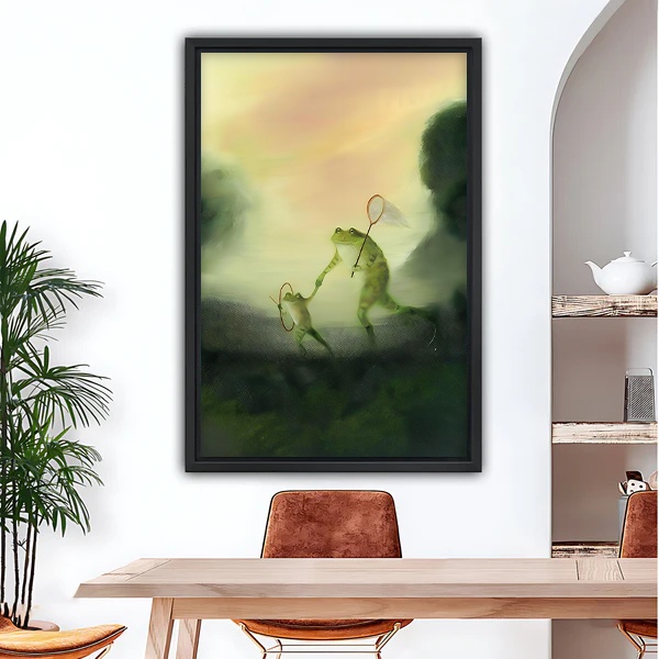 Badminton frogs oil painting framed wall art print hanging in modern dining room above wooden table