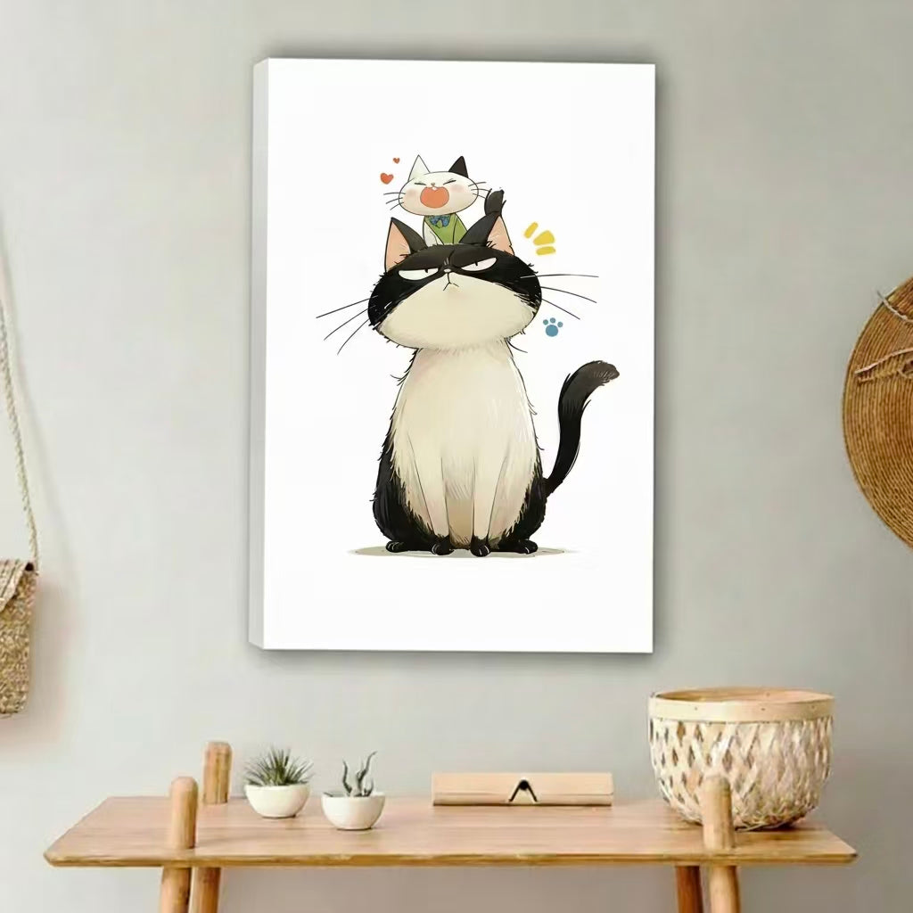 Funny grumpy cat kitten illustration gallery wrap canvas wall art, cute line art print for cat lovers
