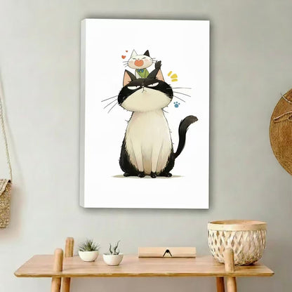 Funny grumpy cat kitten illustration gallery wrap canvas wall art, cute line art print for cat lovers