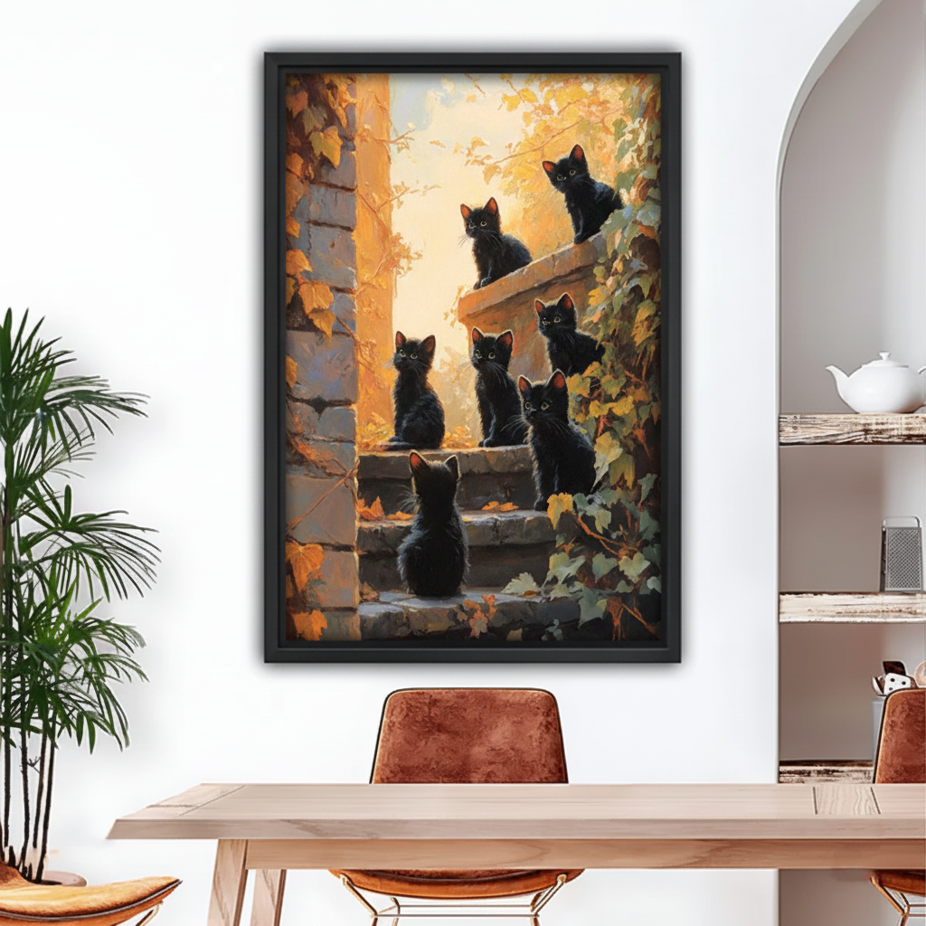 Framed black kittens on garden stairs wall art print, cute cat group oil painting style for dining room