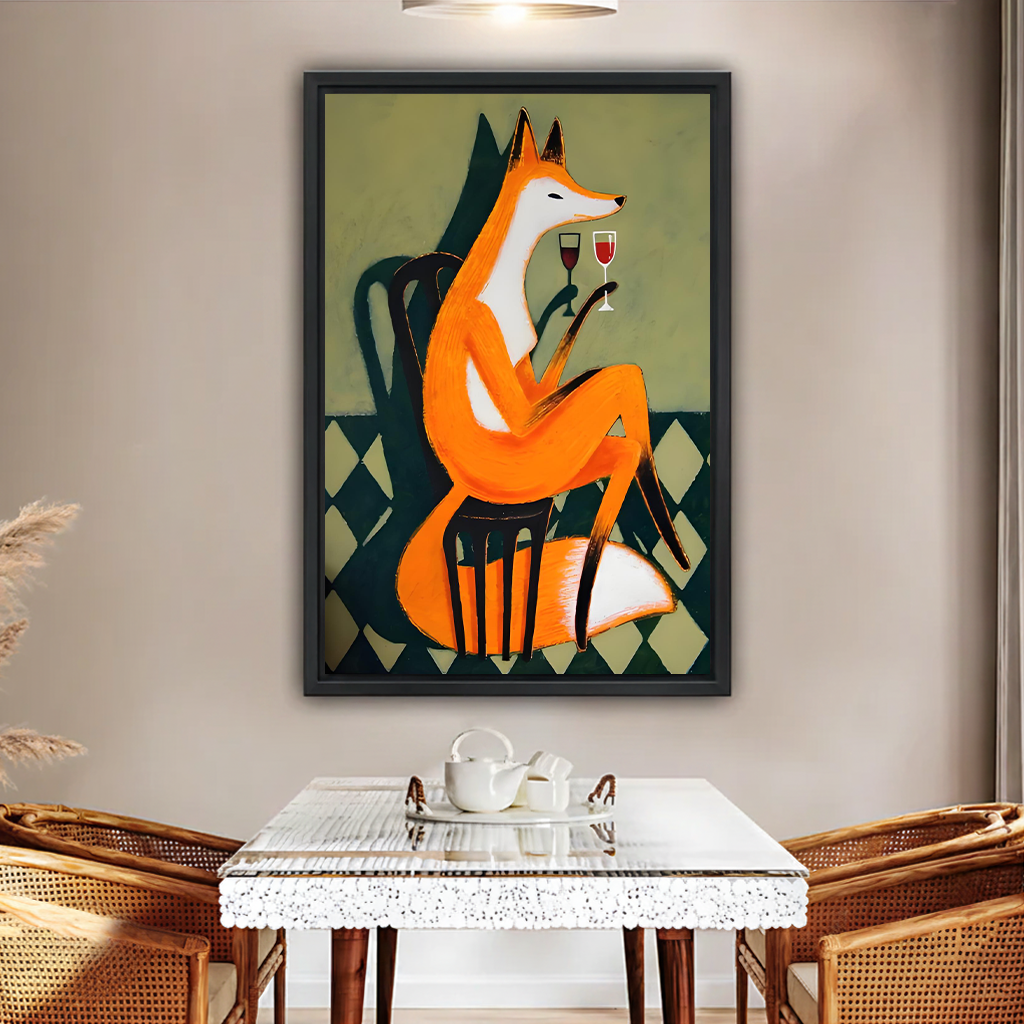 Elegant orange fox holding wine glass mid-century modern framed canvas wall art in black frame above glass dining table with rattan chairs and pampas grass