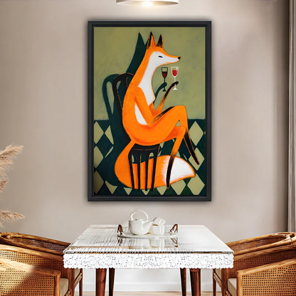 Elegant orange fox holding wine glass mid-century modern framed canvas wall art in black frame above glass dining table with rattan chairs and pampas grass