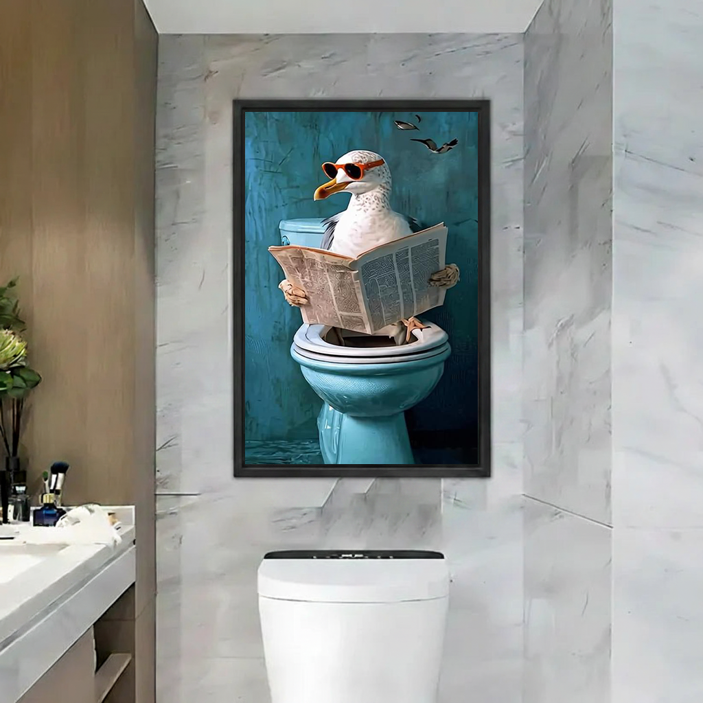 Funny seagull reading newspaper on toilet framed canvas wall art – humorous bathroom print in marble bathroom