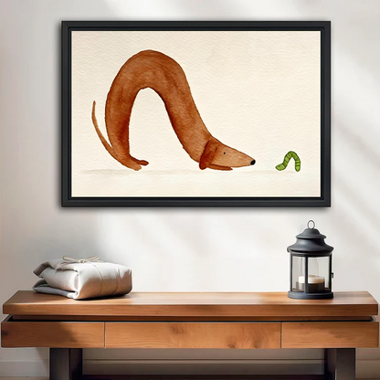 Framed curious dachshund caterpillar watercolor whimsical wall art print above wooden console table with lantern