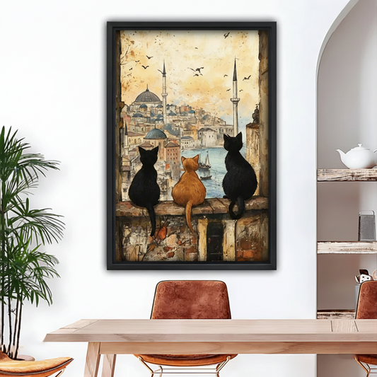 Istanbul cats vintage watercolor framed canvas wall art in black frame above dining table — boho travel cat print