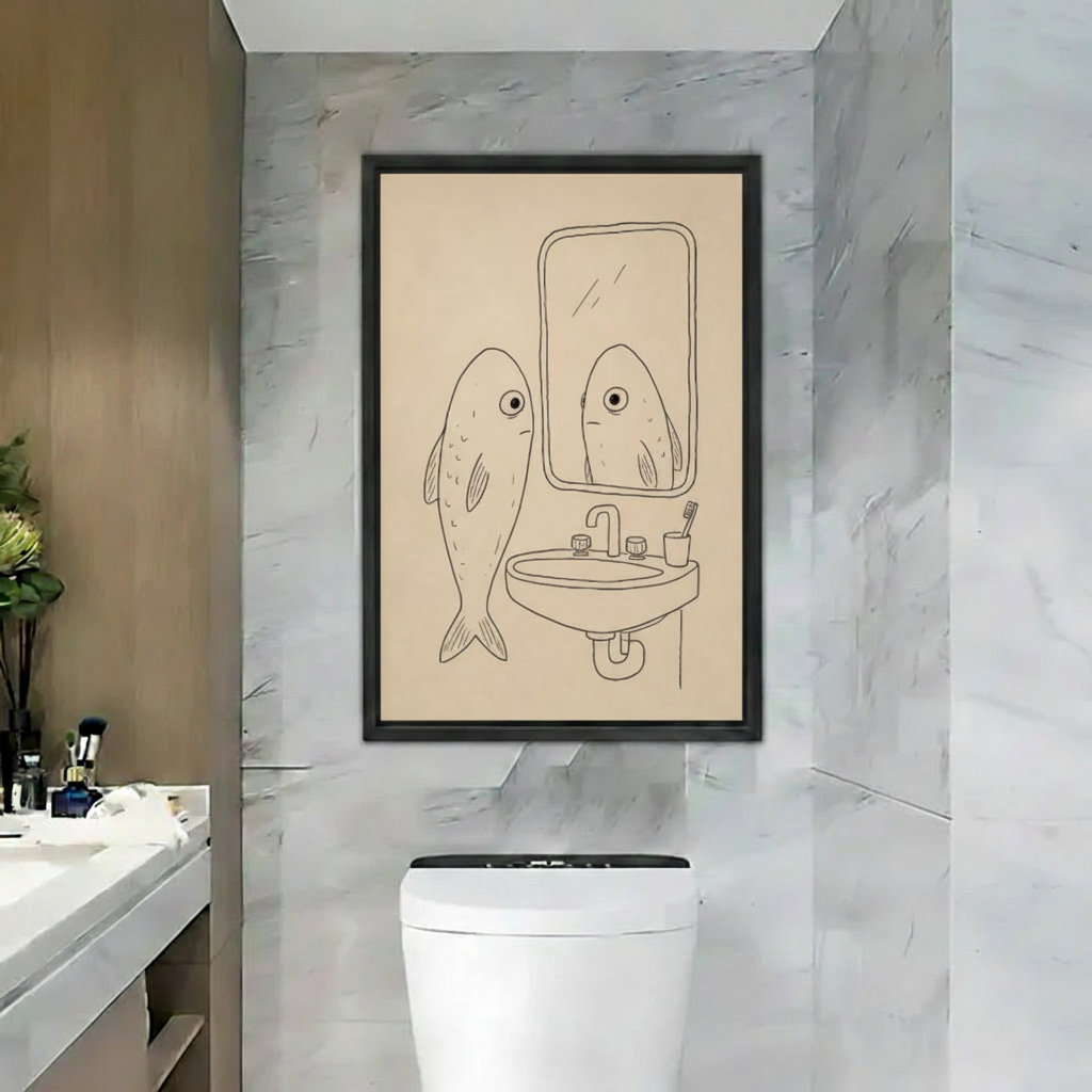 Funny fish looking in bathroom mirror framed wall art print, black frame, minimalist line drawing on beige, marble bathroom decor