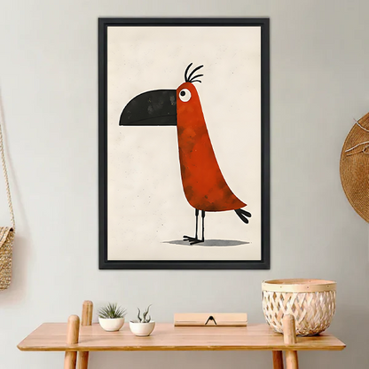 Whimsical red toucan minimalist illustration framed wall art print in black frame above a wooden console in a neutral living room