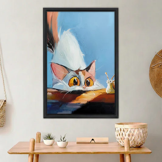 Curious Cat Snail Oil Painting Style Framed Wall Art – Black Frame Print Styled on Wooden Desk