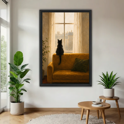 Moody black cat on sofa gazing out window framed canvas wall art in minimalist living room