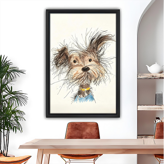 Cute scruffy terrier dog watercolor framed canvas wall art, black frame, hand-drawn sketch style, beige background, modern dining room decor