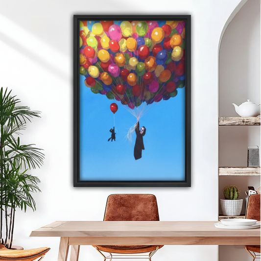Funny grim reaper and black cat floating with colorful balloons framed wall art print, black frame, vibrant oil painting blue sky, displayed above a wooden dining table in a modern boho dining room with indoor palm