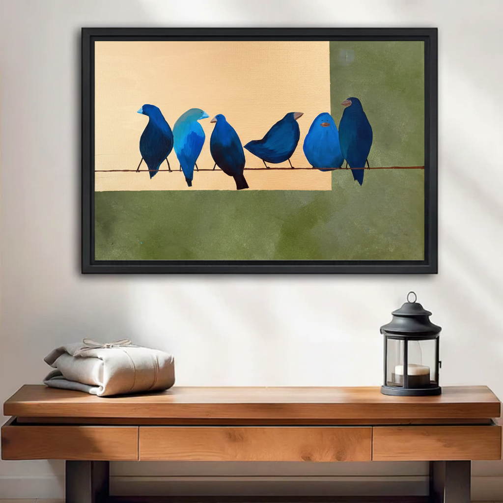 Blue Birds on a Wire Framed Canvas Wall Art - Minimalist Geometric Bird Print for Entryway Decor
