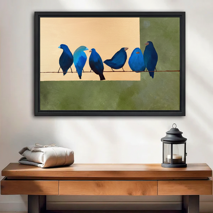 Blue Birds on a Wire Framed Canvas Wall Art - Minimalist Geometric Bird Print for Entryway Decor
