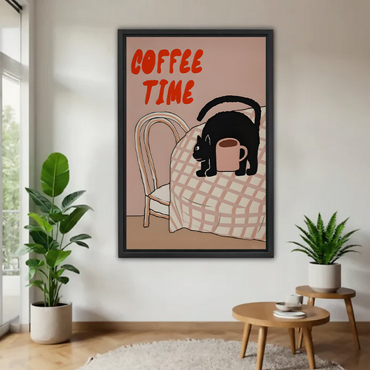 Woman holding framed Coffee Time black cat canvas wall art featuring red lettering, a pink mug, and checkered tablecloth.