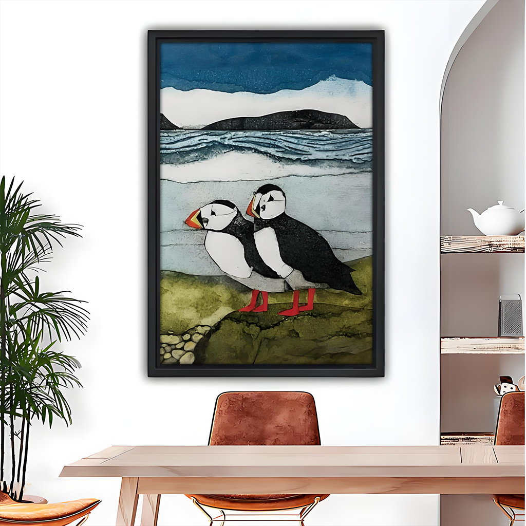 Puffin Pair Coastal Collage Art Black Framed Wall Art Print Dining Room Decor