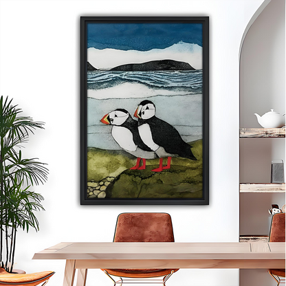 Puffin Pair Coastal Collage Art Black Framed Wall Art Print Dining Room Decor