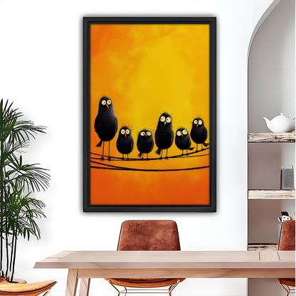 Funny Fluffy Black Birds on Wire Orange Background Black Framed Wall Art Print Dining Room