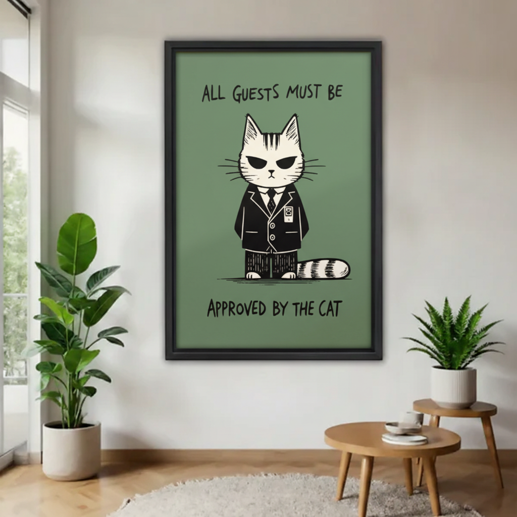 Funny cat in suit all guests must be approved by the cat sage green wall art print in black frame above cream armchair with green knit throw and round wood side table in minimalist living room