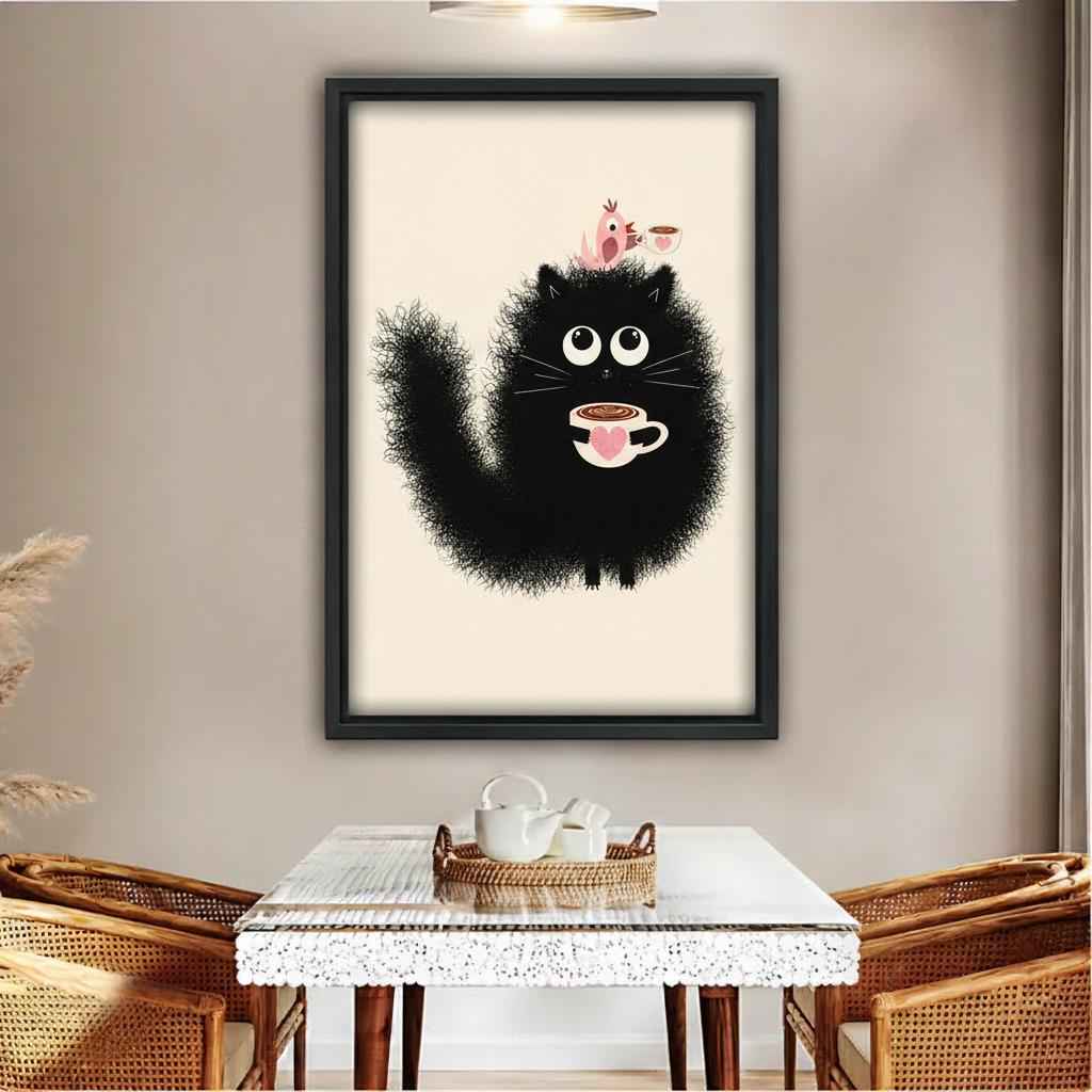 Fluffy black cat holding pink heart coffee cup with little pink bird cute wall art print in black frame above glass dining table with rattan chairs white tea set and pampas grass in boho dining room