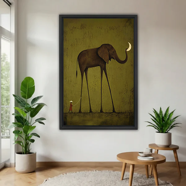 Unframed elephant moon canvas wall art with a long-legged elephant on an olive-green background between potted plants.