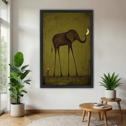 Unframed elephant moon canvas wall art with a long-legged elephant on an olive-green background between potted plants.