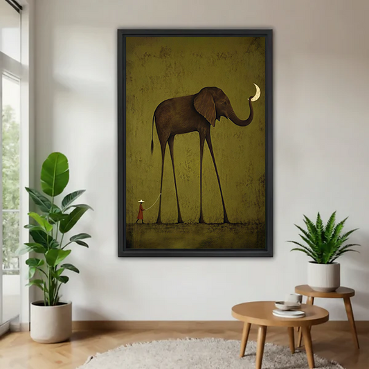 Unframed elephant moon canvas wall art with a long-legged elephant on an olive-green background between potted plants.
