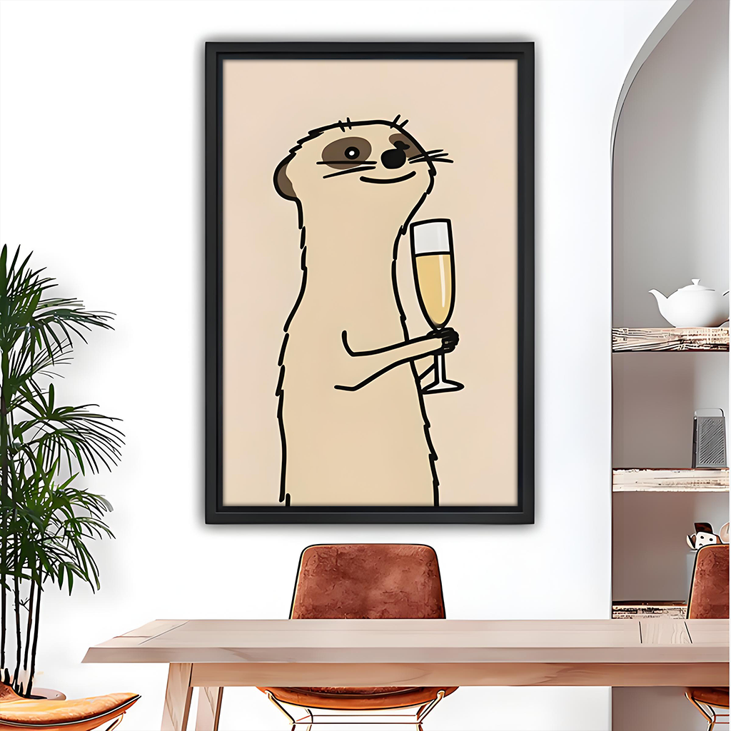 Framed minimalist meerkat champagne canvas wall art above a wooden dining table with tan leather chairs