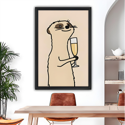 Framed minimalist meerkat champagne canvas wall art above a wooden dining table with tan leather chairs