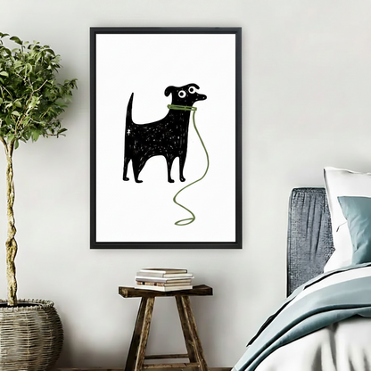 Minimalist black dog wall art in black frame displayed above a wooden stool in a cozy bedroom