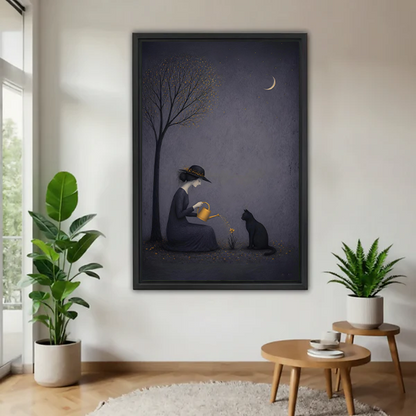 Framed moonlit witch and black cat wall art print in a bright living room with indoor plants, dark botanical illustrated decor