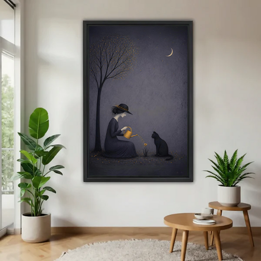 Framed moonlit witch and black cat wall art print in a bright living room with indoor plants, dark botanical illustrated decor