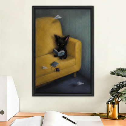 Moody black cat canvas print above home office desk – oil painting wall art