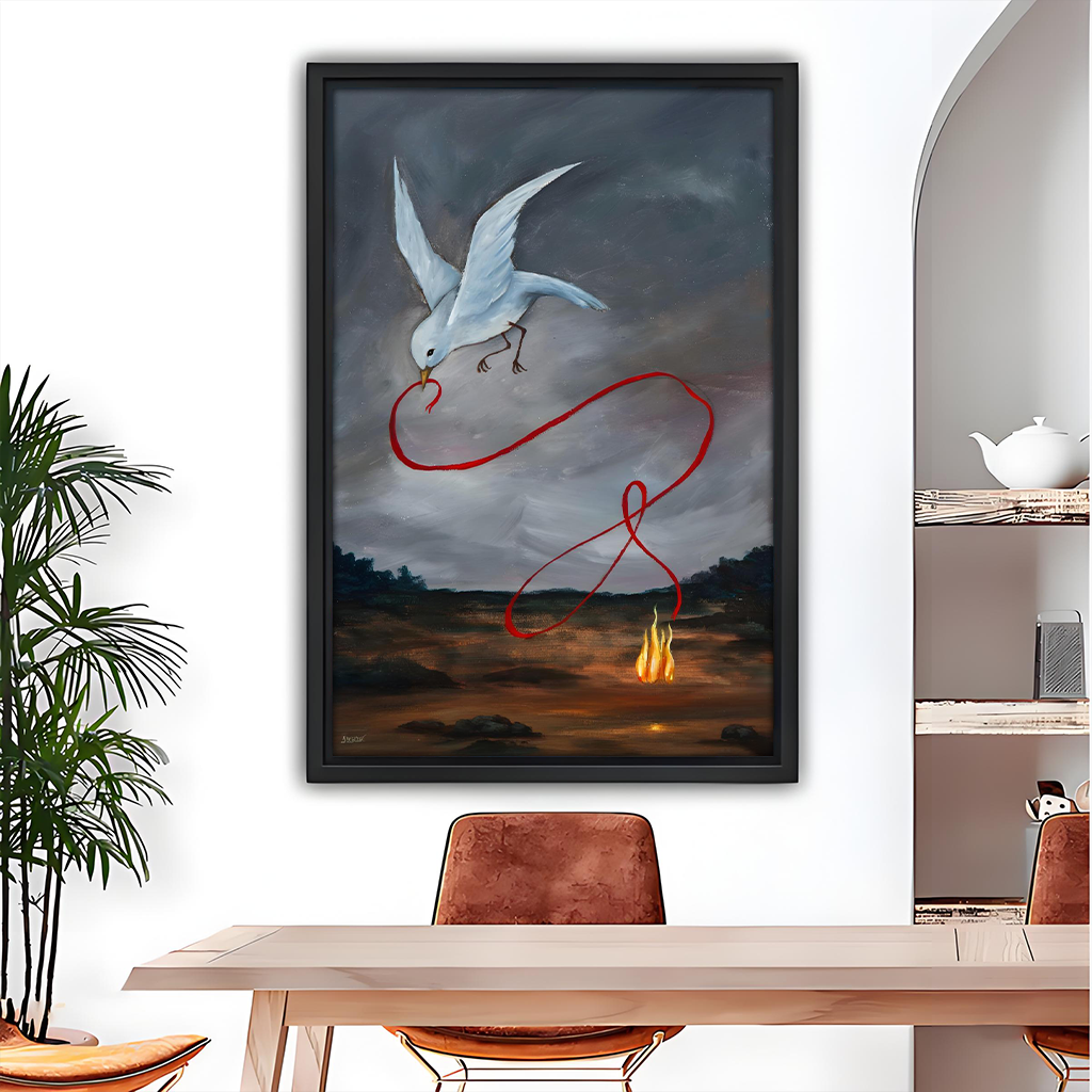 Surreal white bird red thread framed wall art print above dining table, dark moody decor