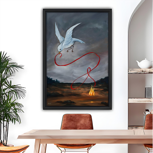 Surreal white bird red thread framed wall art print above dining table, dark moody decor